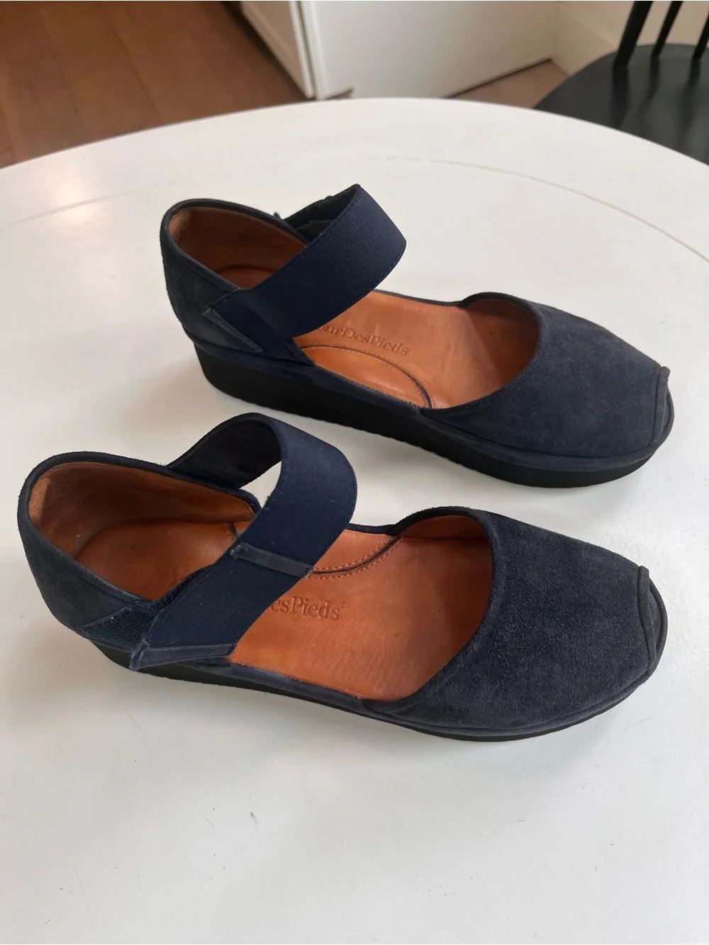 L’AmourDesPieds Women’s Navy Suede Mary Jane Slip-On Shoes with Velcro Strap